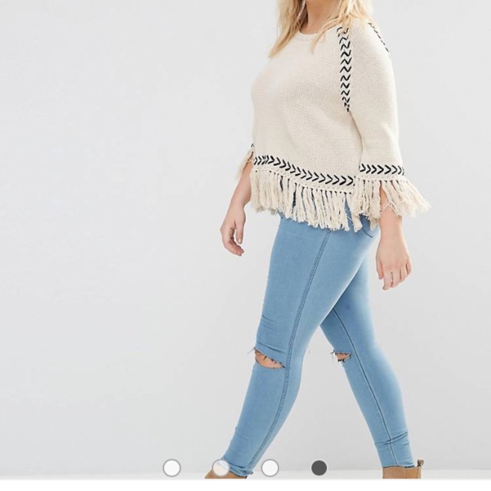 Boxy Western Fringe Boho Cream w/Black Bell Sleeve Chunky Knit Sweater Women’s L - Picture 4 of 10